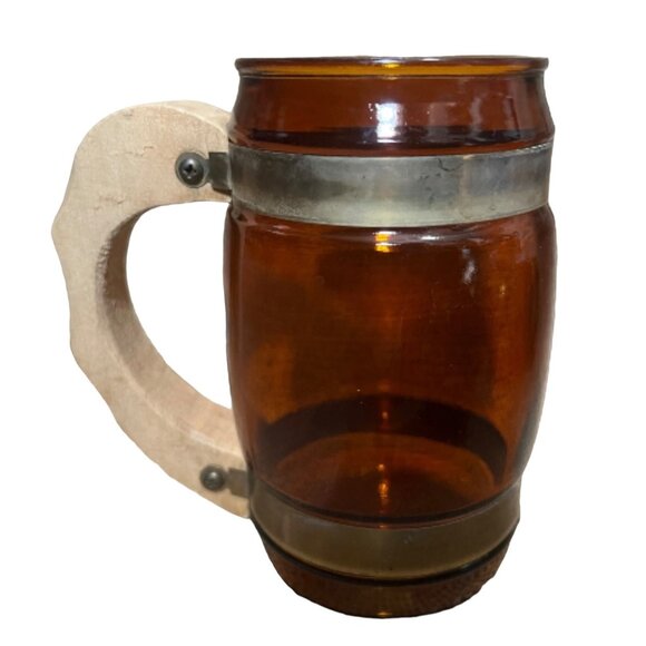 Vintage 1960s Siesta Ware Amber Glass Barrel Mugs Set Of 5 With Wooden Handles & - Picture 3 of 10